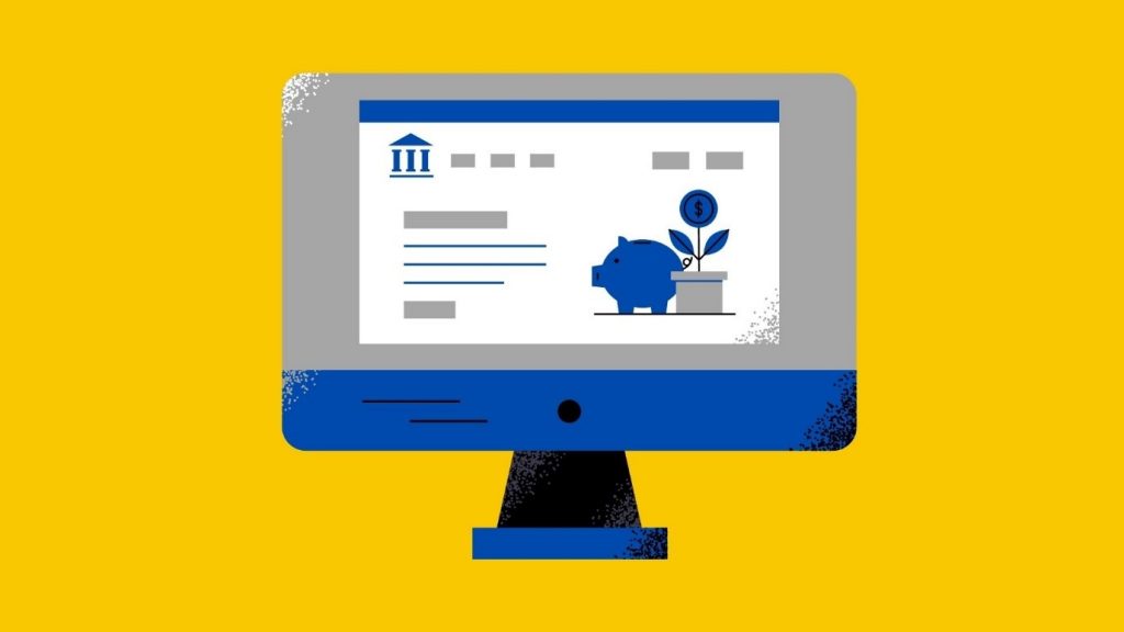 A cartoon blue computer sitting on a yellow background.