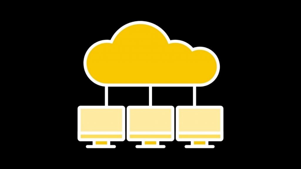 A white and yellow representation of cloud hosting on a black background.