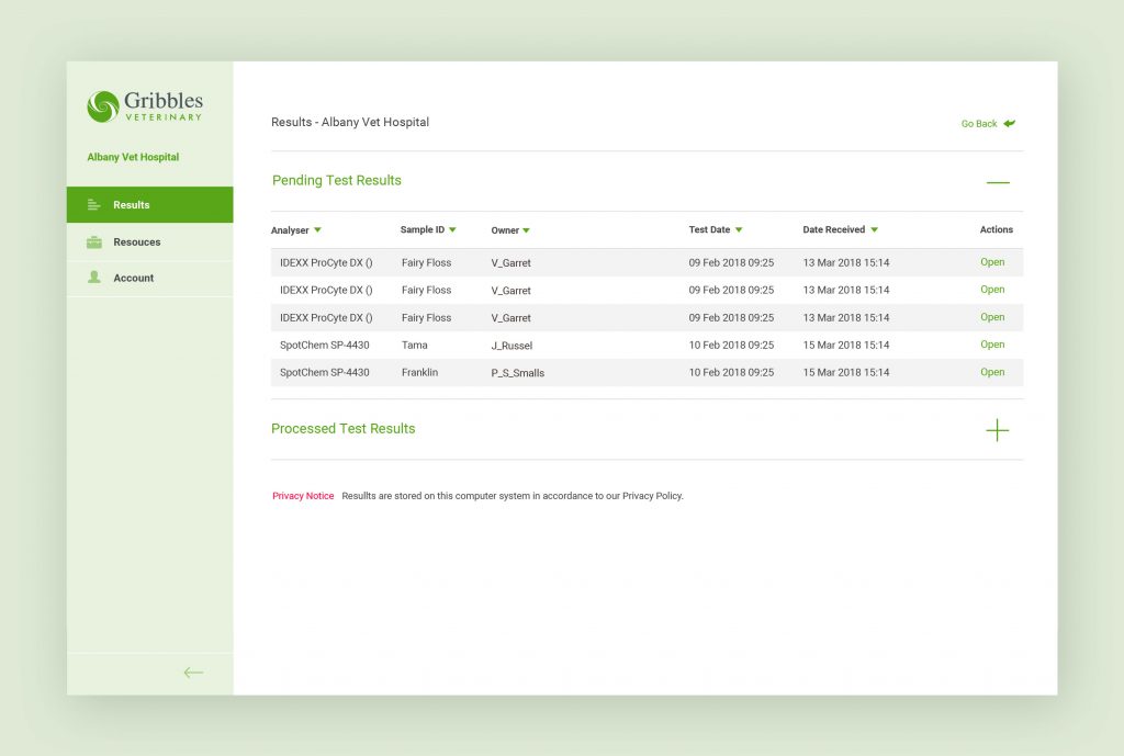 Custom Designed layout for Gribbles test result app